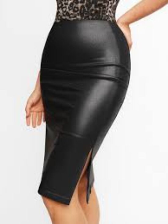 Popilush Dresses & Skirts - Popilush Shapewear Sculpting Faux Leather Front Slit Midi Skirt Womens Large